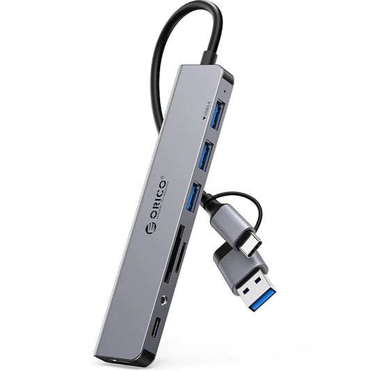 USB / USB-C Hub Orico YSA8-U3, 1 x USB-A 3.0 - 3 x USB-A - 1 x USB-C - 1 x 3.5mm Jack - 1 x SD - 1 x microSD, Black