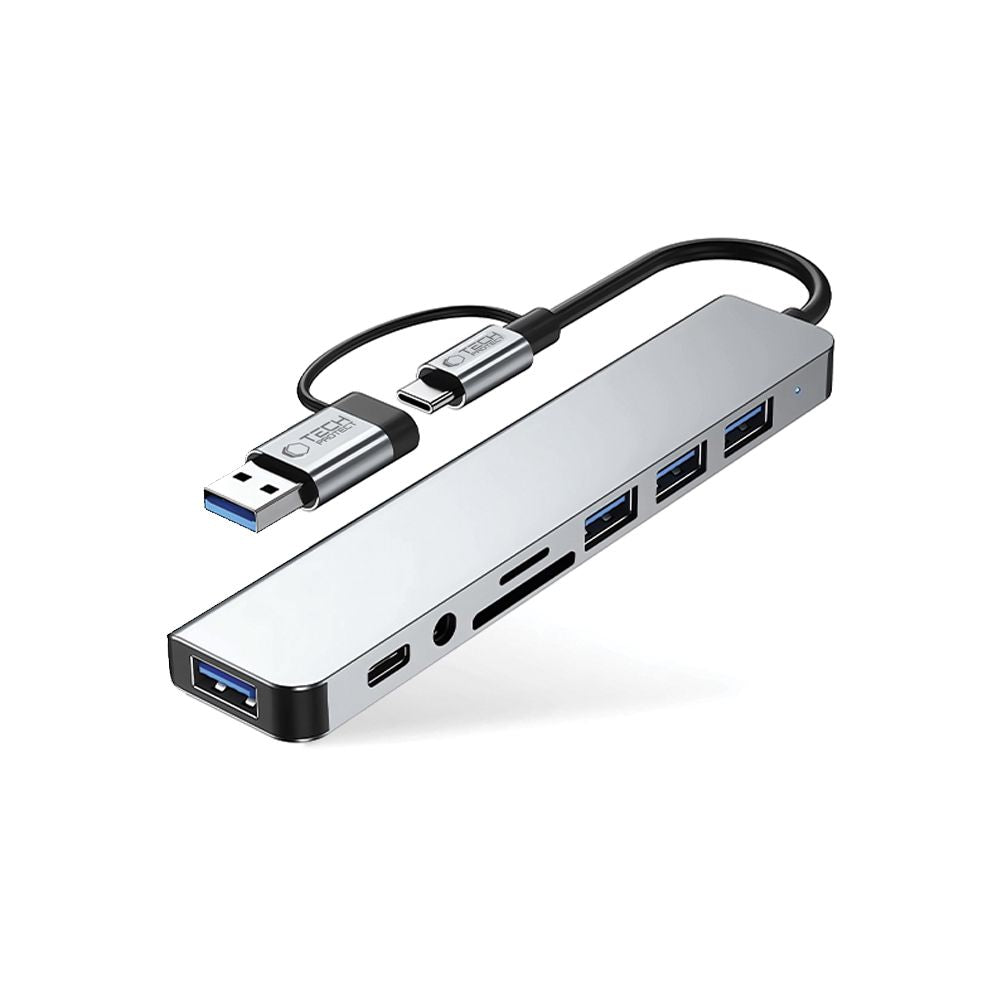 USB / USB-C Hub Tech-Protect HB06, 2 x USB-A 3.0 - 2 x USB-A - 1 x USB-C - 1 x 3.5mm Jack - 1 x SD - 1 x microSD, Gray