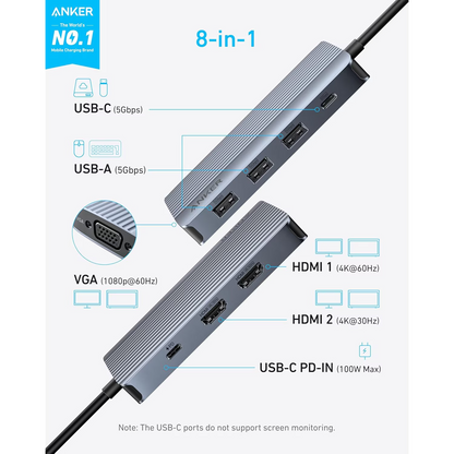 Anker USB-C Hub, 3 x USB-A 3.0 - 2 x USB-C - 2 x HDMI - 1 x VGA, Gray A83790A2