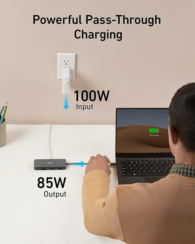 Anker 555 USB-C Hub, 2 x USB-A 3.2 - 2 x USB-C - 1 x HDMI - 1 x RJ45 - 1 x SD - 1 x microSD, Gray A83830A2