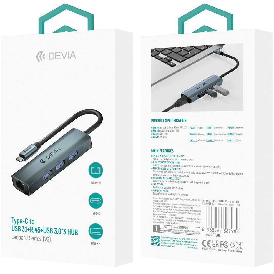 DEVIA EC621 USB-C Hub, 3 x USB-A 3.0 - 1 x RJ45, Gray