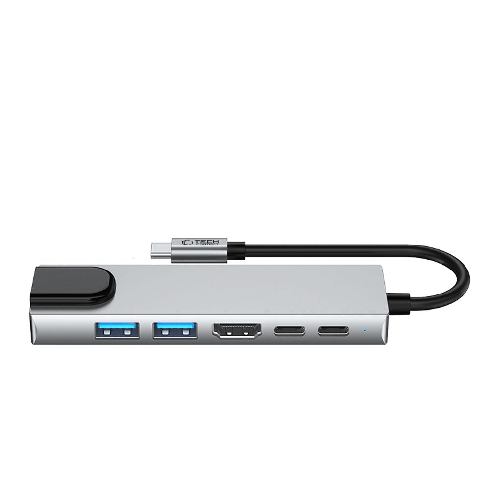 Tech-Protect HB02 USB-C Hub, 1 x USB-A 3.0 - 1 x USB-A - 2 x USB-C - 1 x HDMI - 1 x RJ45, Gray