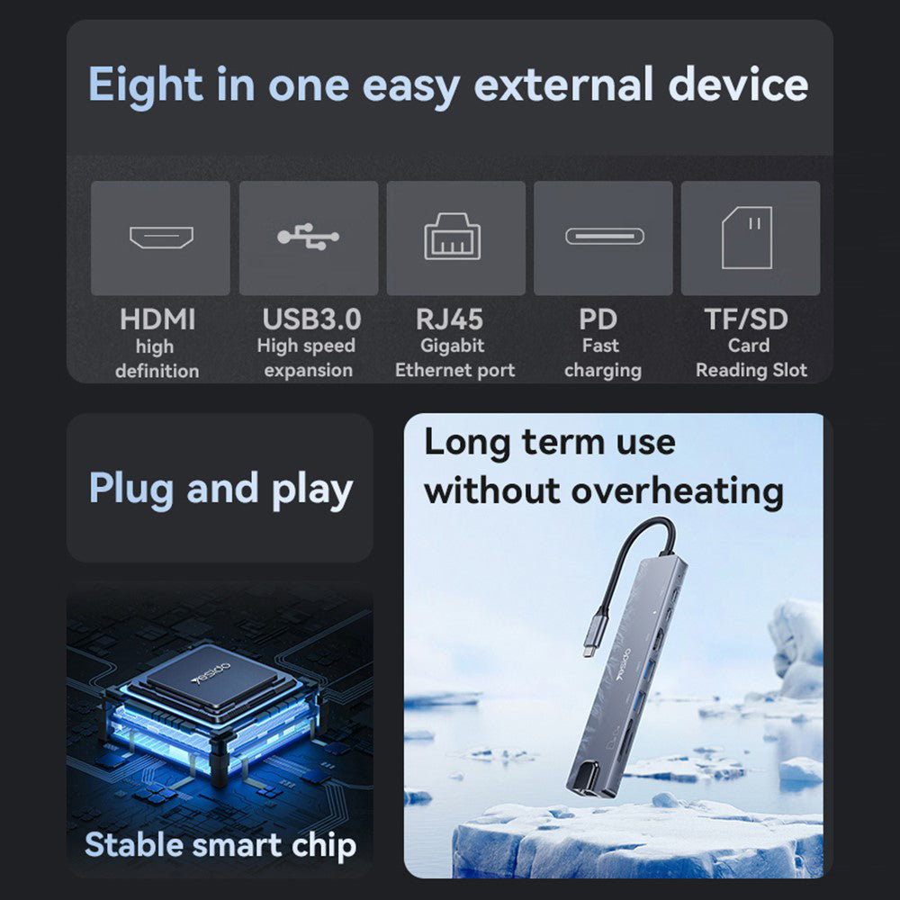 Yesido HB27 USB-C Hub, 8in1, Gray