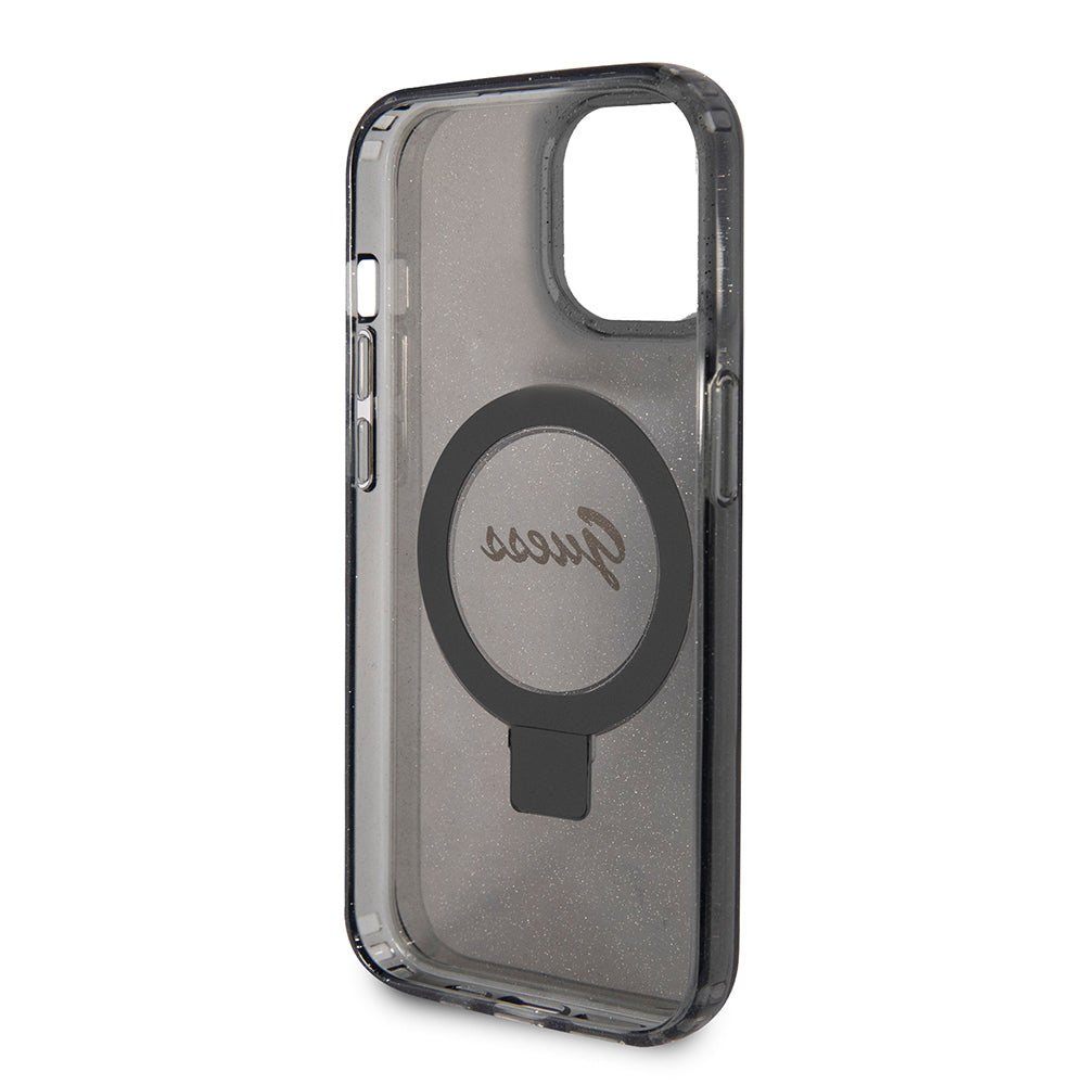 MagSafe Case for Apple iPhone 15, Guess, Ring Stand Script Glitter, Black