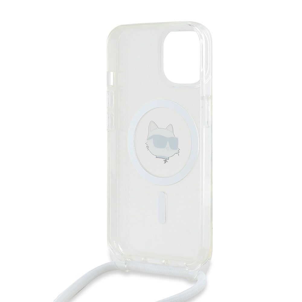 MagSafe Case for Apple iPhone 15, Karl Lagerfeld, IML Crossbody Choupette's Head with Strap, Transparent