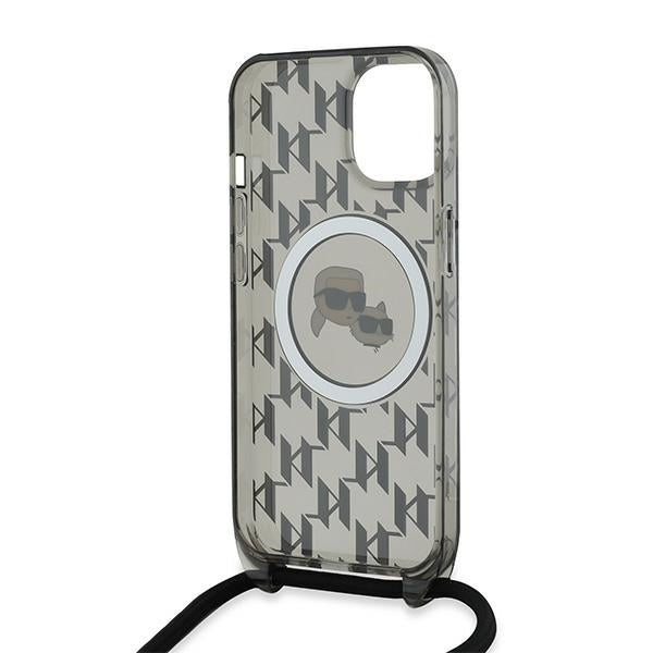 MagSafe Case for Apple iPhone 15, Karl Lagerfeld, IML Crossbody Monogram Karl & Choupette's Heads, Black