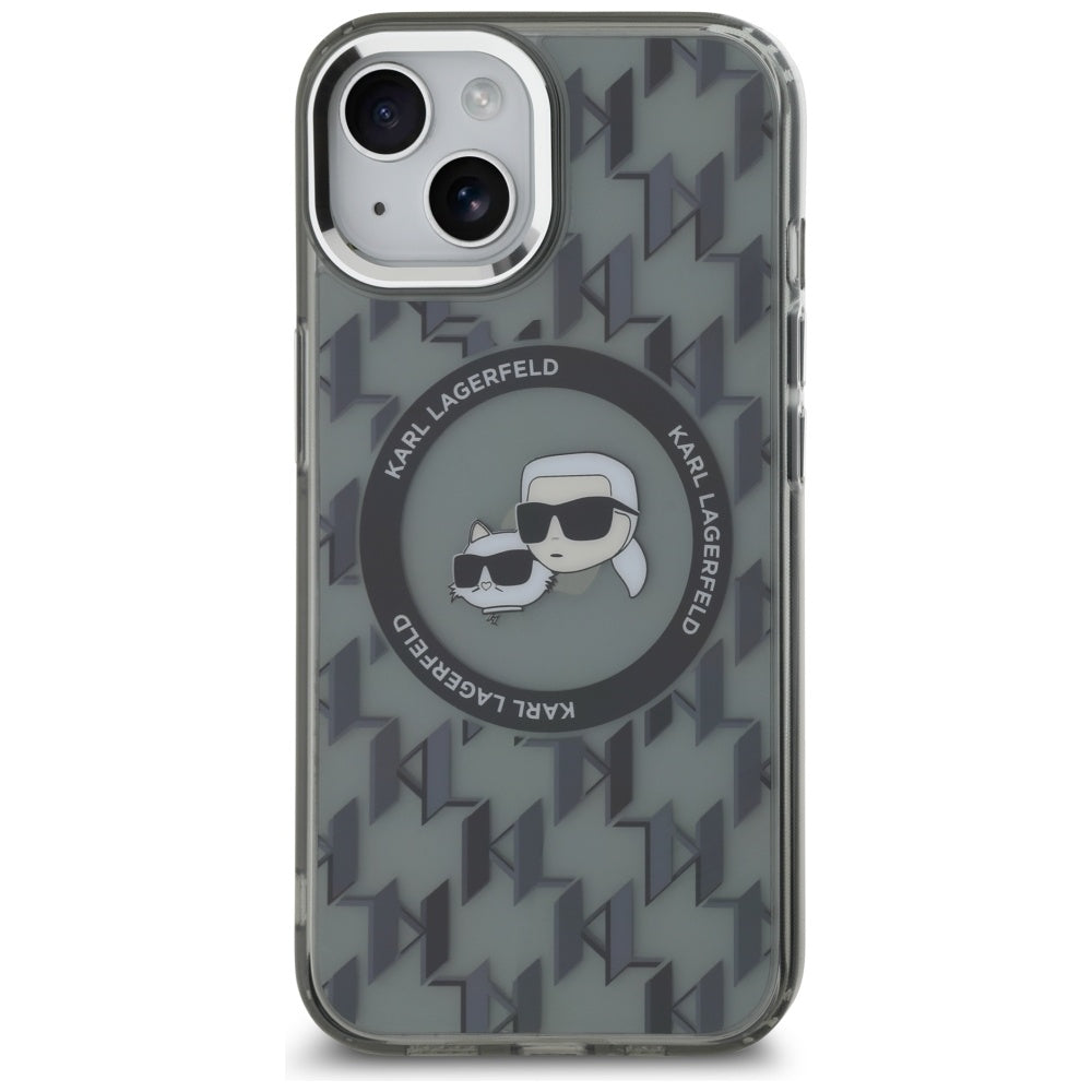 MagSafe Case for Apple iPhone 15, Karl Lagerfeld, IML Monogram Karl & Choupette's Heads, Black