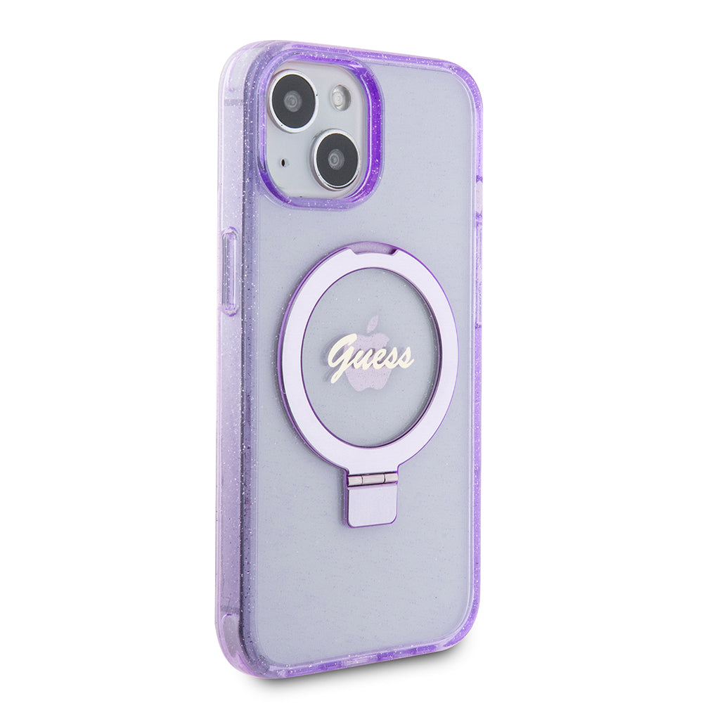 MagSafe Case for Apple iPhone 15 Plus, Guess, Ring Stand Script Glitter, Purple