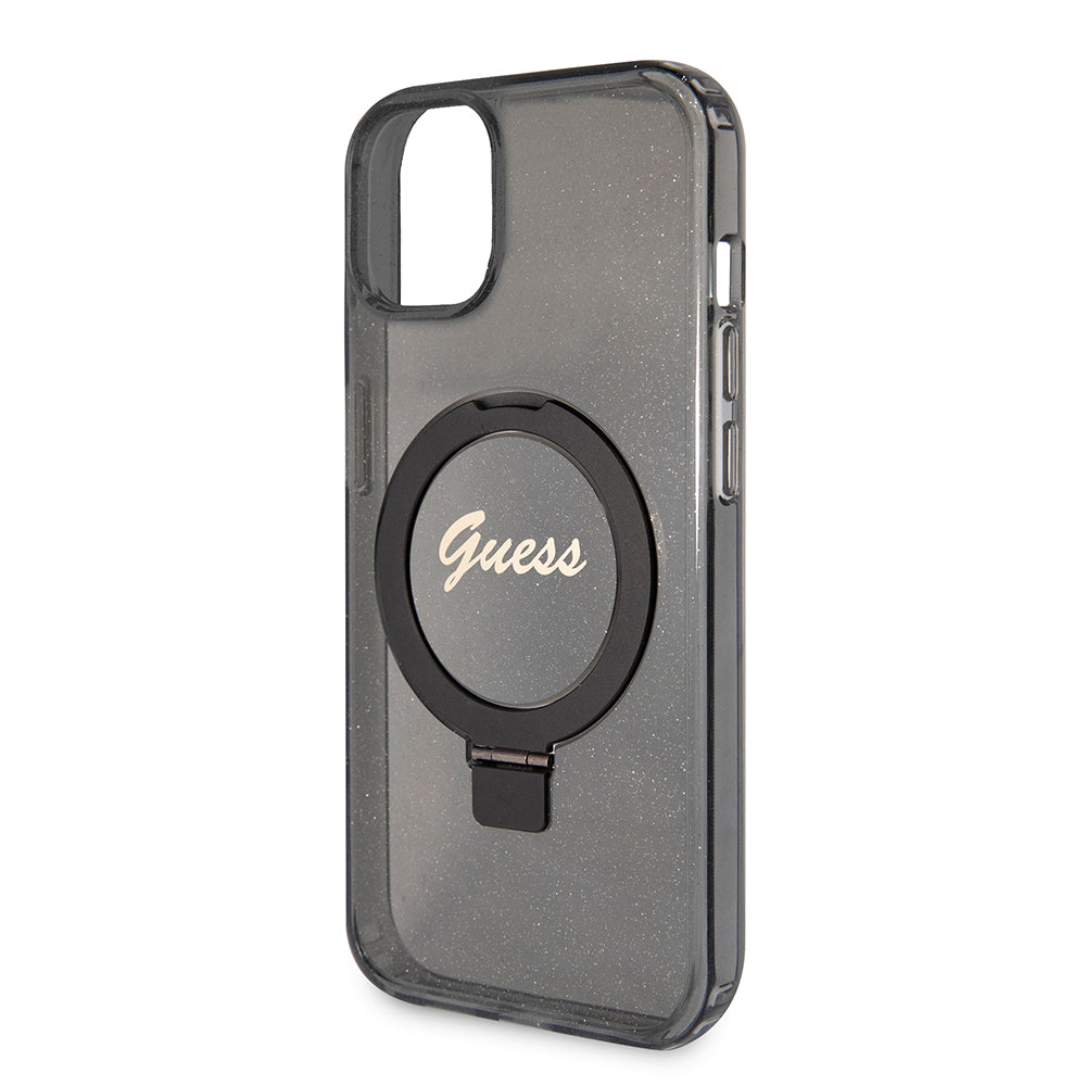 MagSafe Case for Apple iPhone 15 Plus, Guess, Ring Stand Script Glitter, Black