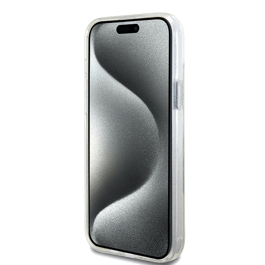 MagSafe Case for Apple iPhone 15 Plus, Guess, Ring Stand Script Glitter, Transparent