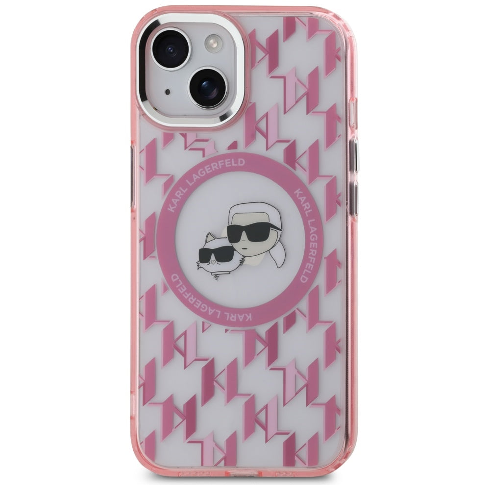MagSafe Case for Apple iPhone 15 Plus, Karl Lagerfeld, IML Monogram Karl & Choupette's Heads, Pink