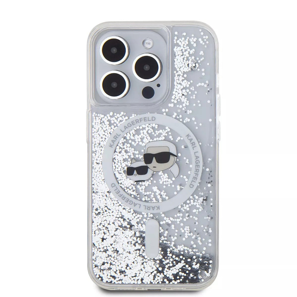 MagSafe Case for Apple iPhone 15 Pro, Karl Lagerfeld, Liquid Glitter Karl & Choupette's Heads, Transparent
