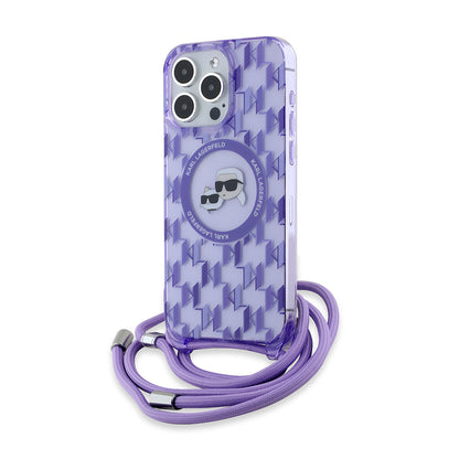MagSafe Case for Apple iPhone 15 Pro Max, Karl Lagerfeld, IML Crossbody Monogram Karl & Choupette's Heads, Purple