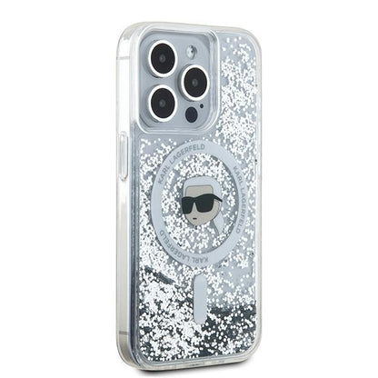 MagSafe Case for Apple iPhone 15 Pro Max, Karl Lagerfeld, Liquid Glitter Karl's Head, Transparent