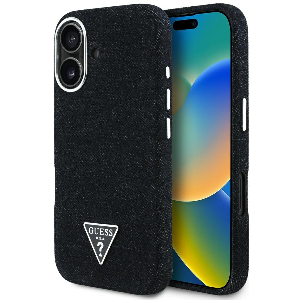 MagSafe Case for Apple iPhone 16, Guess, Denim Triangle Logo, Black