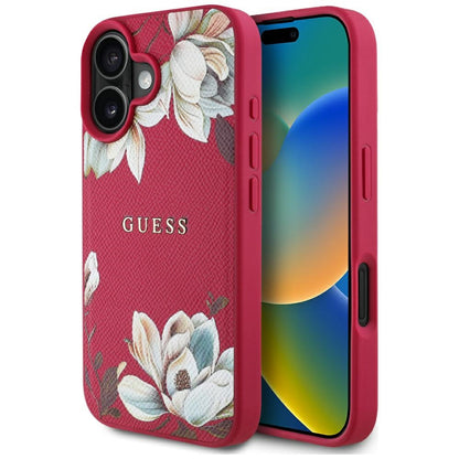 MagSafe Case for Apple iPhone 16, Guess, Grained Flowers, Fuchsia