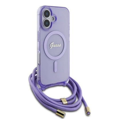 MagSafe Case for Apple iPhone 16, Guess, IML Crossbody Cord Script, Purple