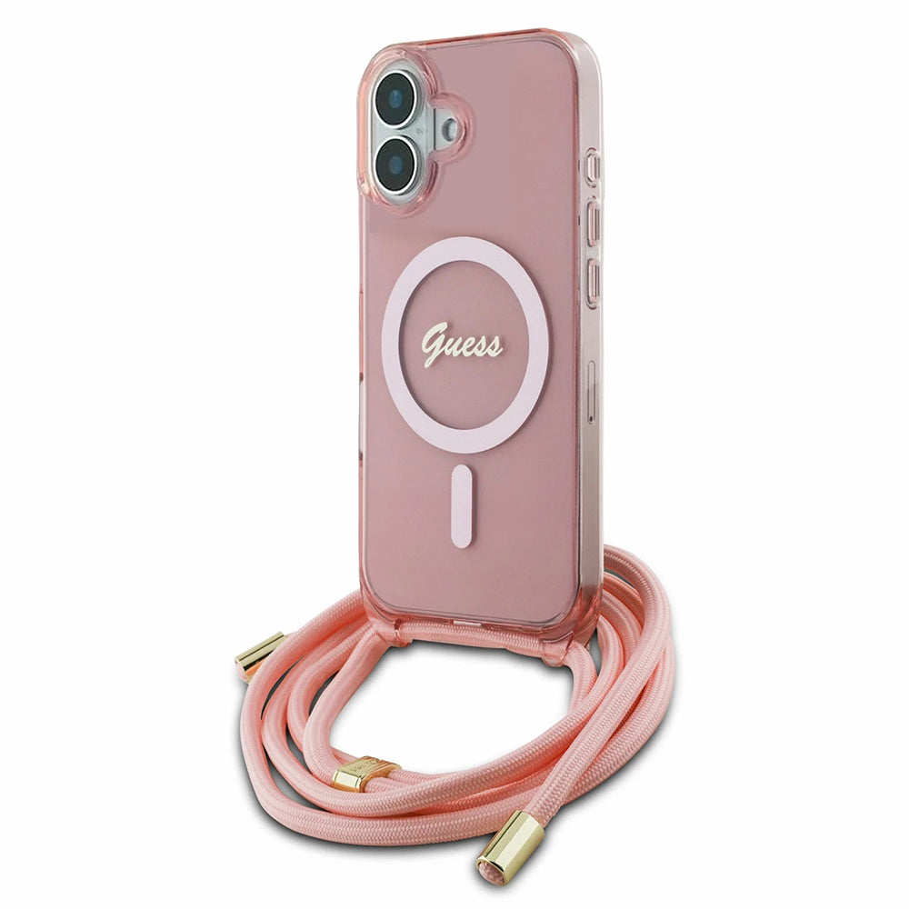 MagSafe Case for Apple iPhone 16, Guess, IML Crossbody Cord Script, Pink
