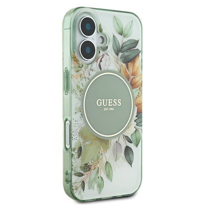 MagSafe Case for Apple iPhone 16, Guess, IML Flower & Tonal Circle, Green