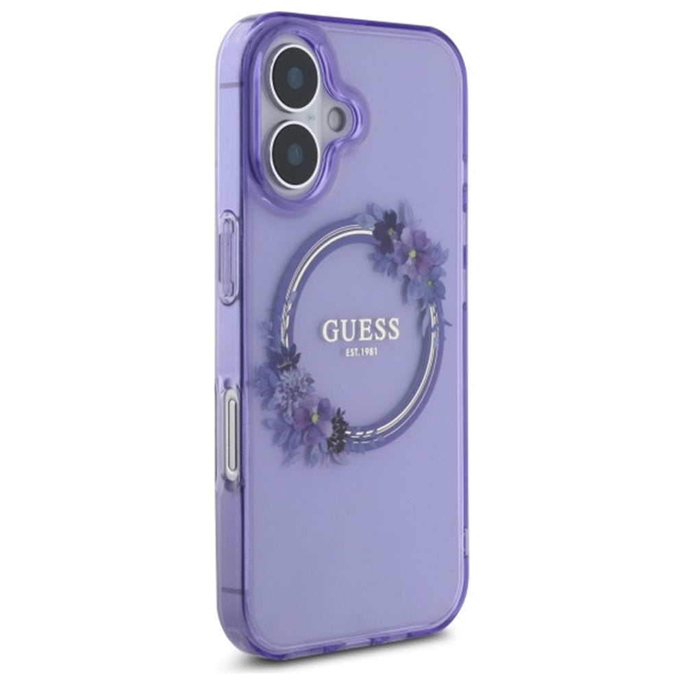 MagSafe Case for Apple iPhone 16, Guess, IML Flowers Wreath, Purple