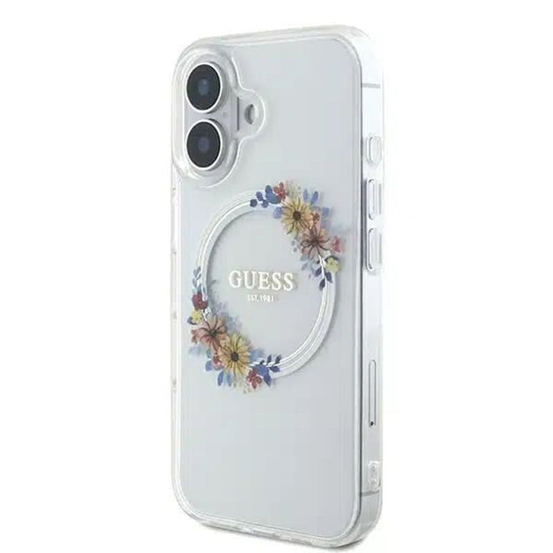 MagSafe Case for Apple iPhone 16, Guess, IML Flowers Wreath, Transparent