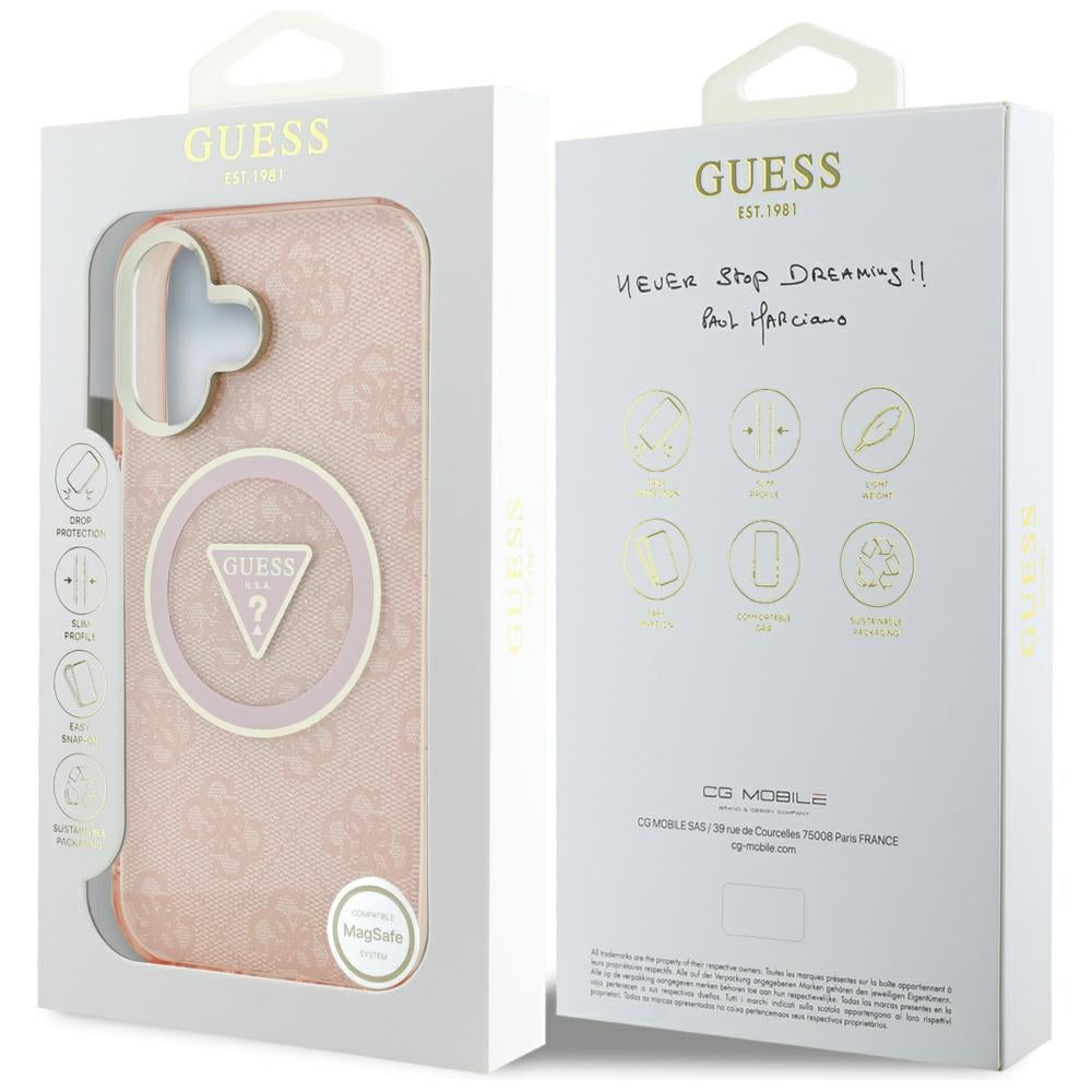 MagSafe Case for Apple iPhone 16, Guess, IML Glitter 4G Circle Triangle, Pink