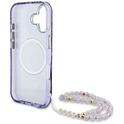 MagSafe Case for Apple iPhone 16, Guess, IML Palm Trees Triangle with Pearl Strap, Purple