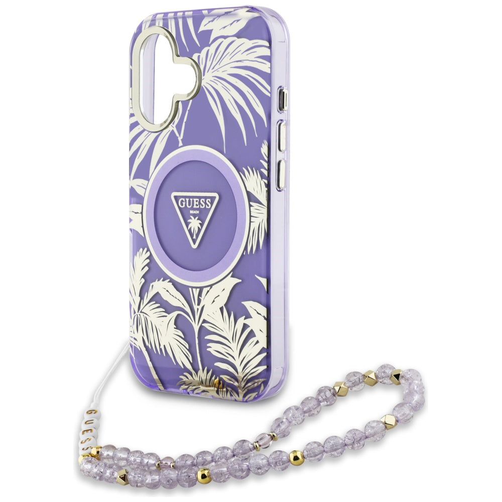 MagSafe Case for Apple iPhone 16, Guess, IML Palm Trees Triangle with Pearl Strap, Purple