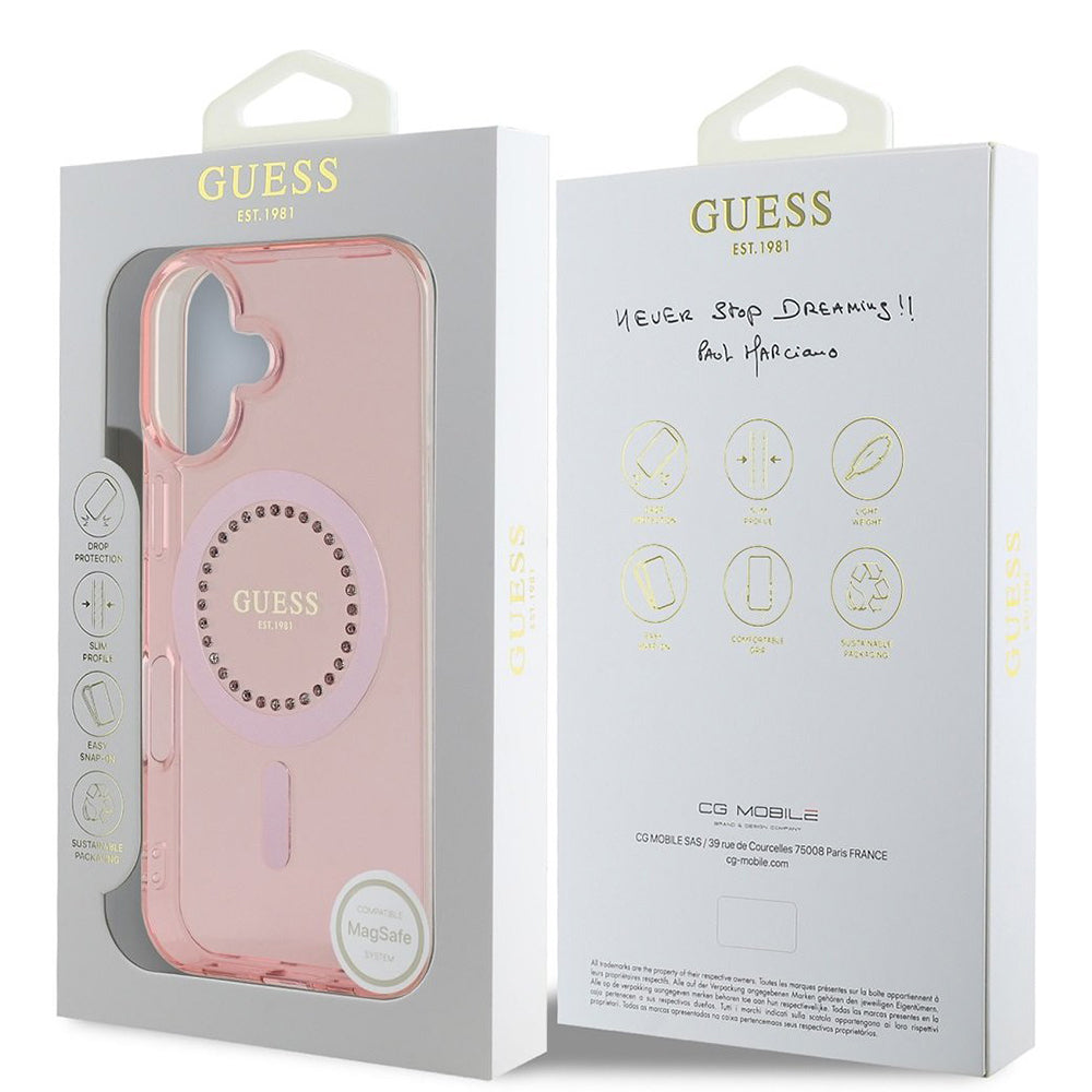 MagSafe Case for Apple iPhone 16, Guess, IML Rhinestones Ring, Pink GUHMP16SPFTDTEP