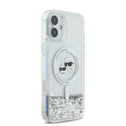 MagSafe Case for Apple iPhone 16, Karl Lagerfeld, Glitter Liquid Karl & Choupette's Heads, Transparent