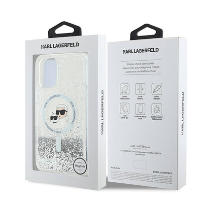 MagSafe Case for Apple iPhone 16, Karl Lagerfeld, Glitter Liquid Karl & Choupette's Heads, Transparent