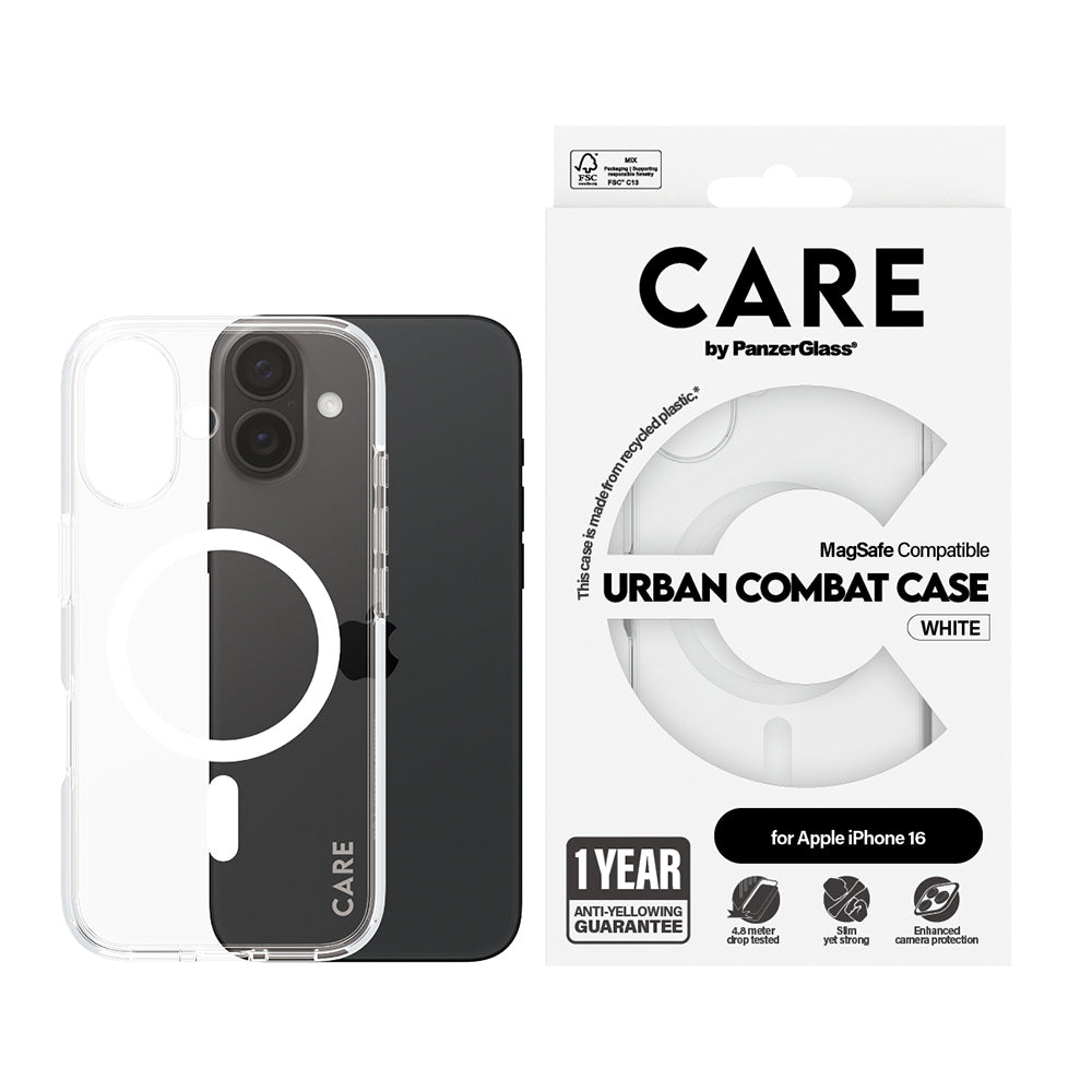 MagSafe Case for Apple iPhone 16, PanzerGlass, Urban Combat Care, White Transparent
