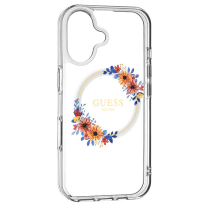 MagSafe Case for Apple iPhone 16 Plus, Guess, IML Flowers Wreath, Transparent