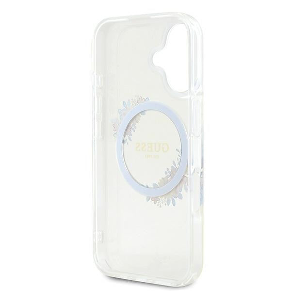 MagSafe Case for Apple iPhone 16 Plus, Guess, IML Flowers Wreath, Transparent