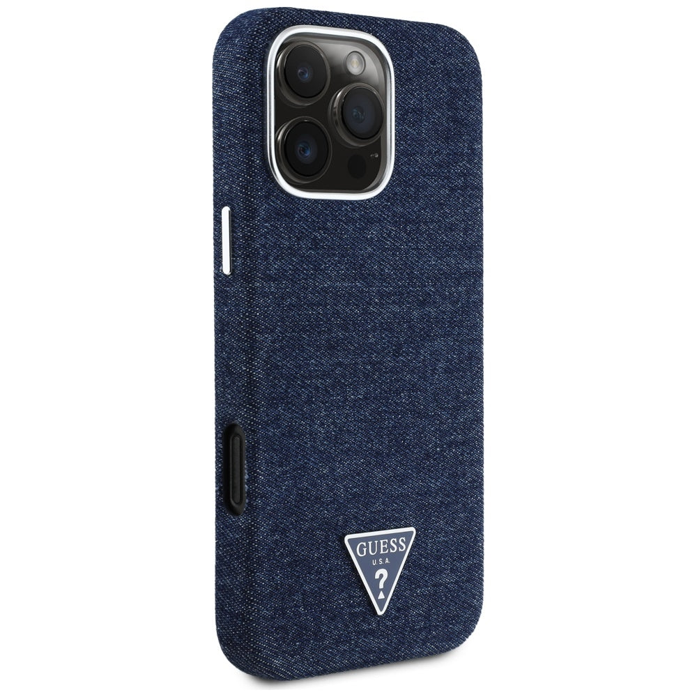 MagSafe Case for Apple iPhone 16 Pro, Guess, Denim Triangle Logo, Blue