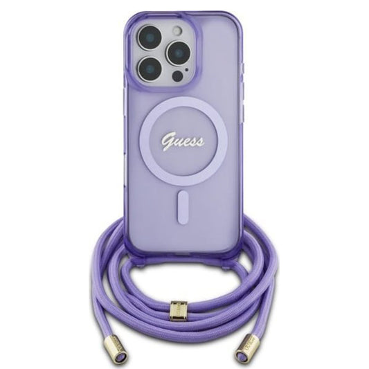 MagSafe Case for Apple iPhone 16 Pro, Guess, IML Crossbody Cord Script, Purple