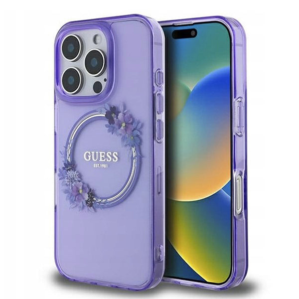 MagSafe Case for Apple iPhone 16 Pro, Guess, IML Flowers Wreath, Purple