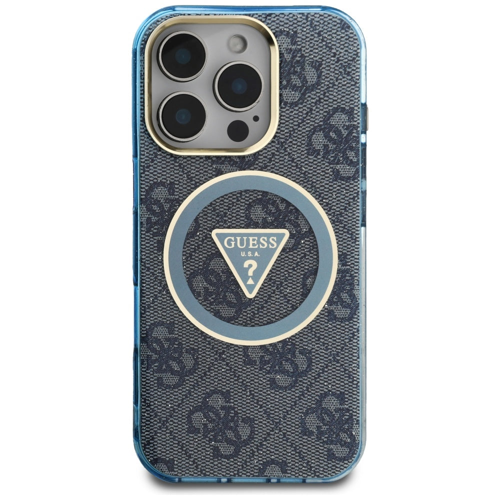 MagSafe Case for Apple iPhone 16 Pro, Guess, IML Glitter 4G Circle Triangle, Blue