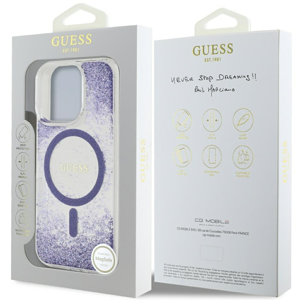 MagSafe Case for Apple iPhone 16 Pro, Guess, Resin Bottom Glitter, Purple
