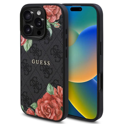 MagSafe Case for Apple iPhone 16 Pro Max, Guess, 4G Flowers Print, Black