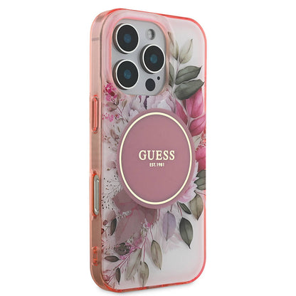 MagSafe Case for Apple iPhone 16 Pro Max, Guess, IML Flower & Tonal Circle, Pink