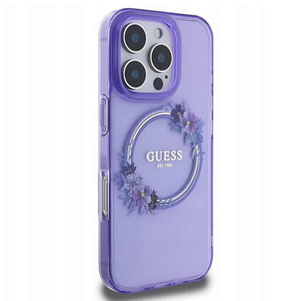 MagSafe Case for Apple iPhone 16 Pro Max, Guess, IML Flowers Wreath, Purple