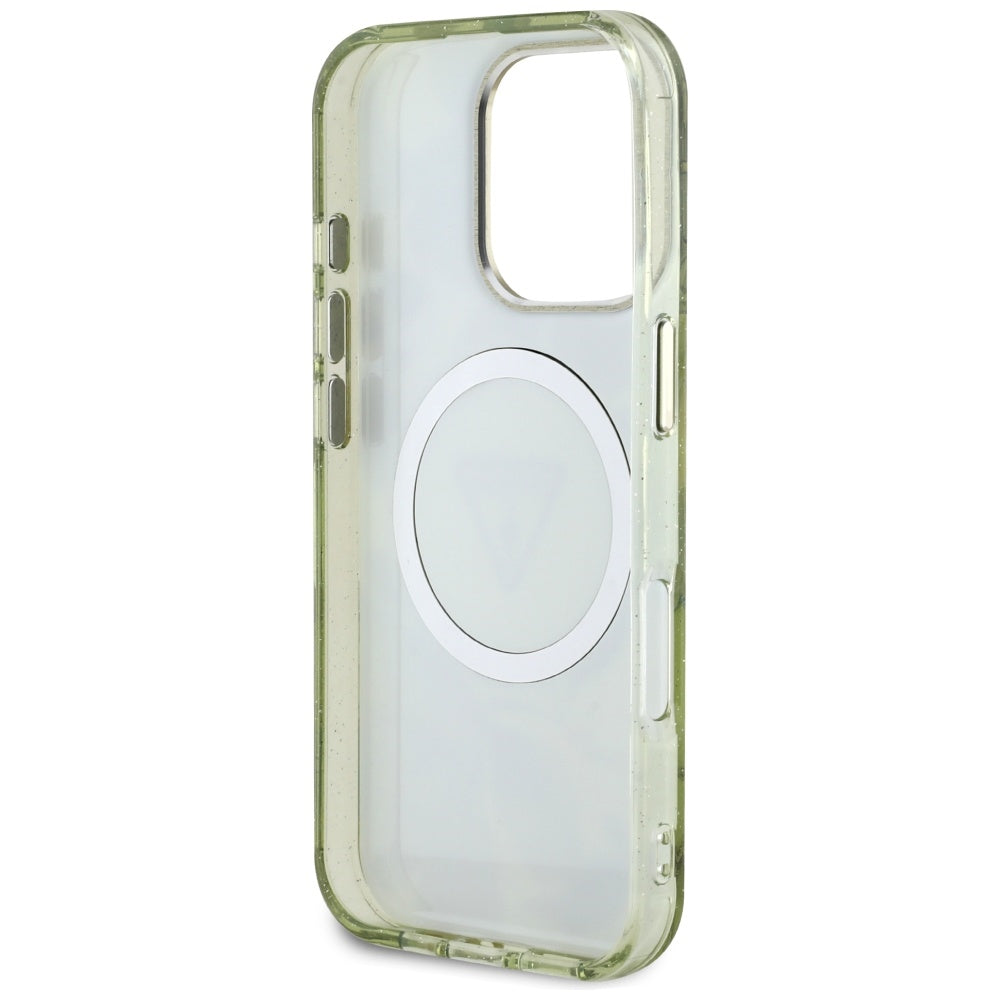 MagSafe Case for Apple iPhone 16 Pro Max, Guess, IML Metal Glitter Flowers Triangle, Green