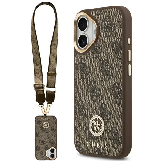MagSafe Case for Apple iPhone 17, Guess, 4G Strass Logo with Big Strap, Brown