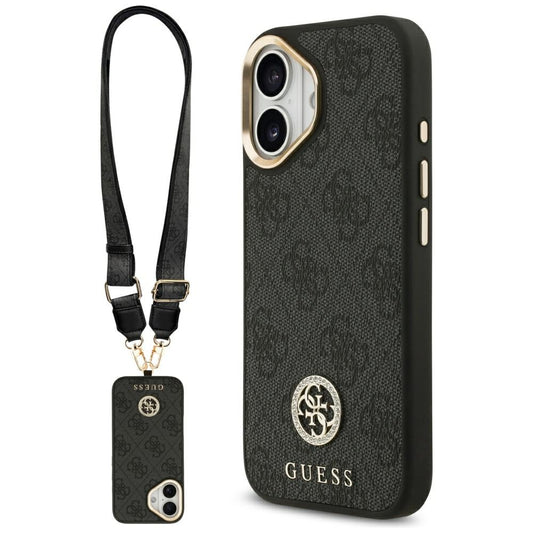 MagSafe Case for Apple iPhone 17, Guess, 4G Strass Logo with Big Strap, Black