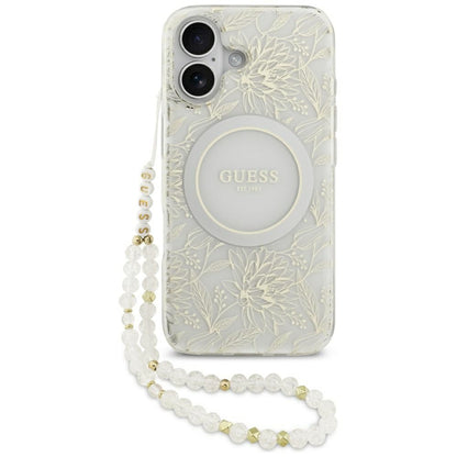 MagSafe Case for Apple iPhone 17, Guess, IML Flowers with Pearl Strap, White