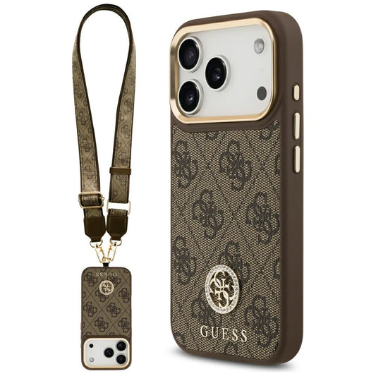MagSafe Case for Apple iPhone 17 Pro, Guess, 4G Strass Logo with Big Strap, Brown