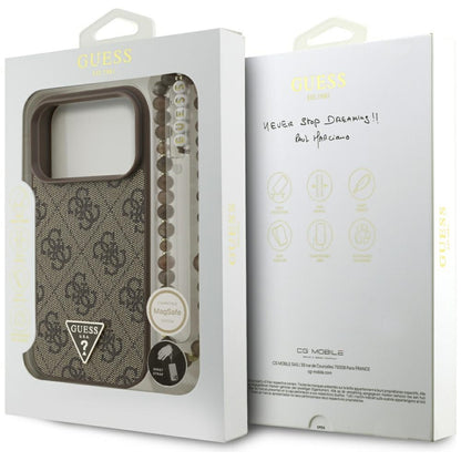 MagSafe Case for Apple iPhone 17 Pro, Guess, 4G Triangle Logo with Pearl Strap, Brown
