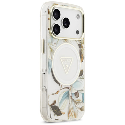 MagSafe Case for Apple iPhone 17 Pro, Guess, IML Metal Glitter Flowers Triangle, White