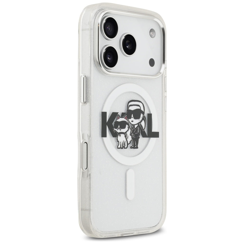 MagSafe Case for Apple iPhone 17 Pro, Karl Lagerfeld, IML Sketch Logo Glitter Karl & Choupette, Transparent